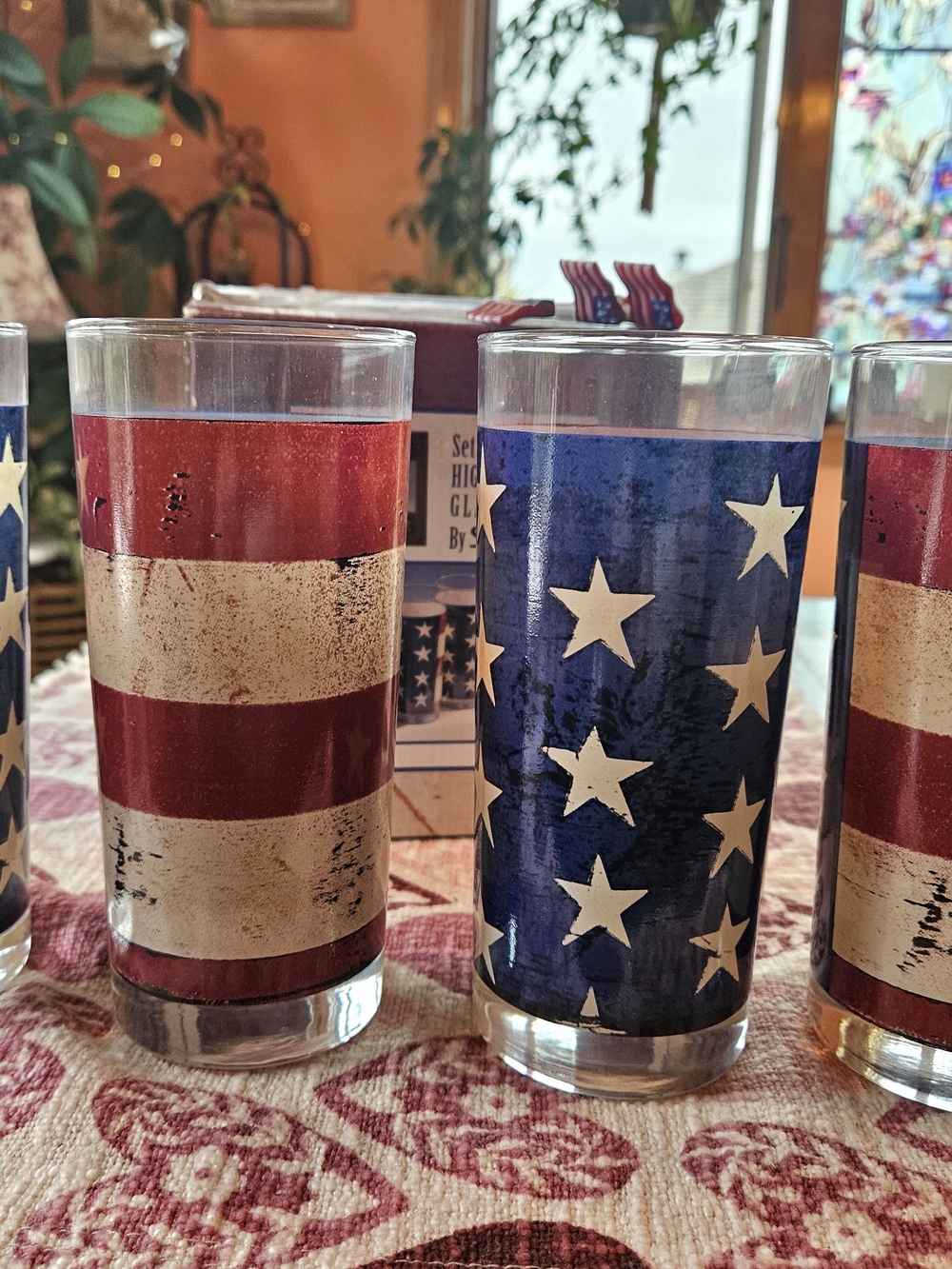 Set of 4 Warren Kimble US Flag Highball Drinking Glasses New in Box